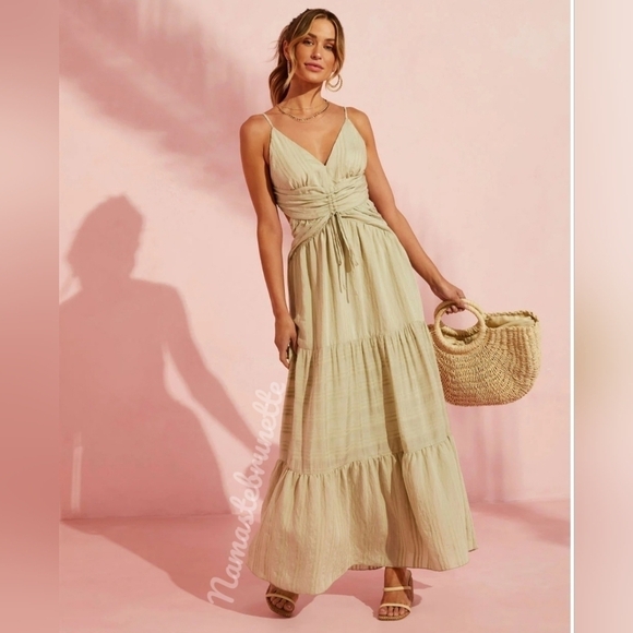 NWT Boho Khaki Side & Back Cutout Tiered Maxi Dress - Picture 11 of 16